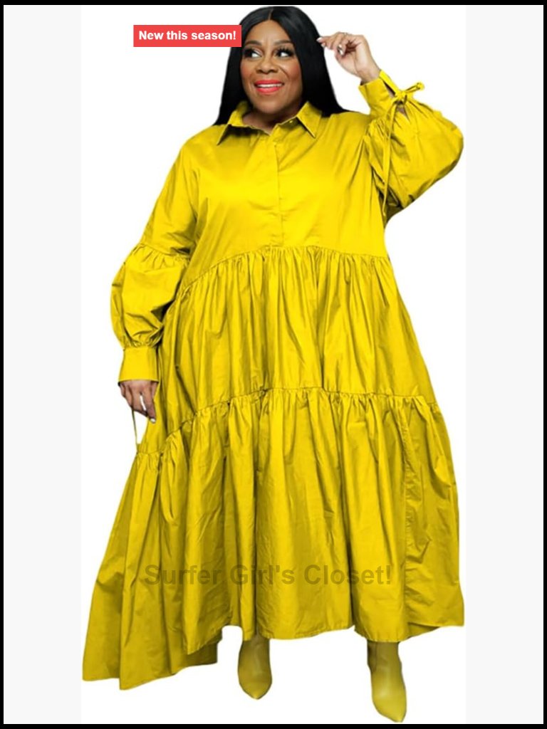Women's Plus Size Long Sleeve Ruffle Swing Maxi Dress With Pockets